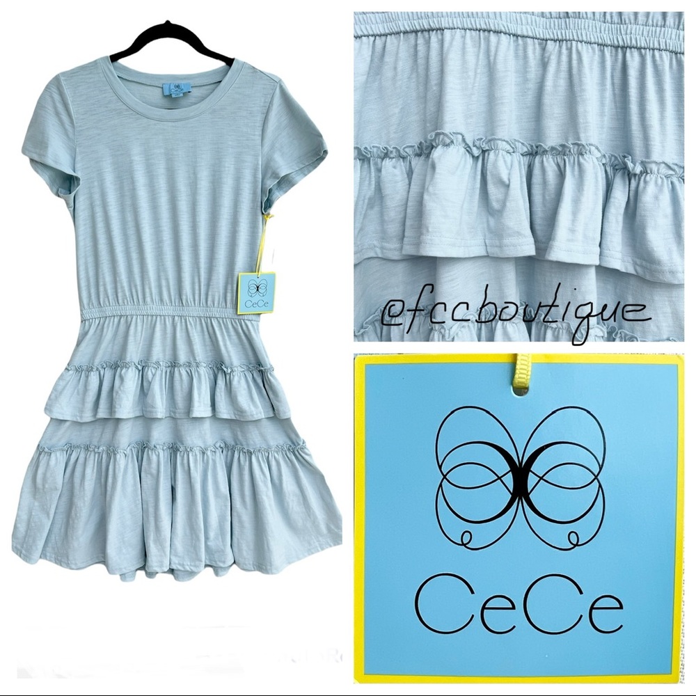 CECE Jersey cotton tiered dress blue